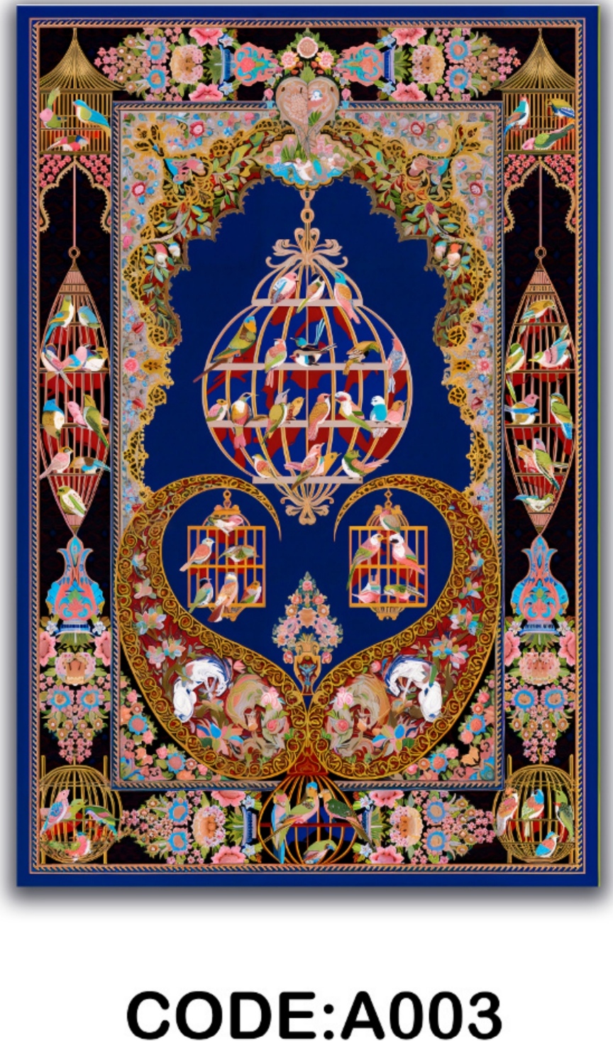 خرید ارزان فرشینه آبی پرندگان فرشینه آفتاب کدA003مخمل شانل ترک استپدار