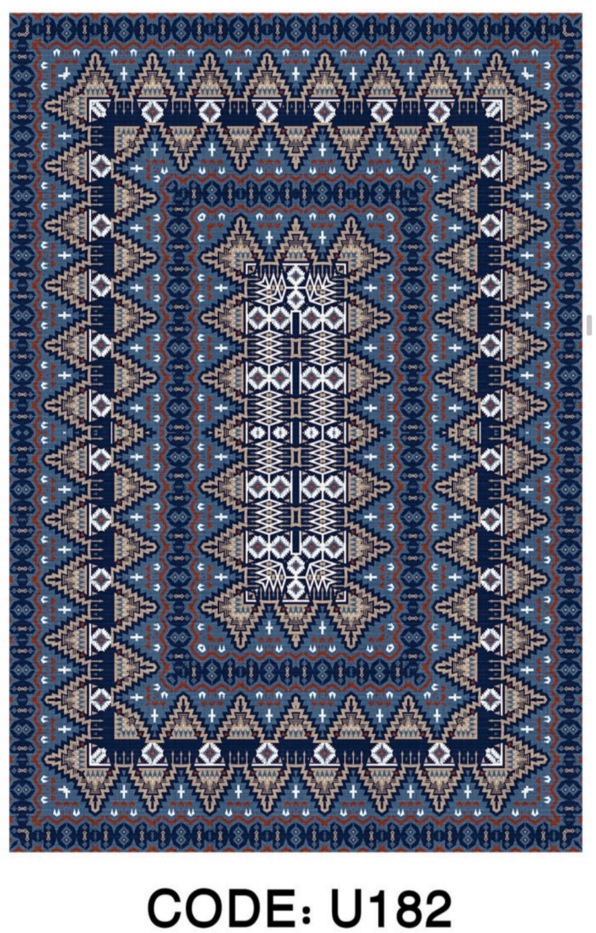 خرید ارزان فرشینه آبی سنتی فرشینه آفتاب کدU182مخمل شانل ترک استپدار