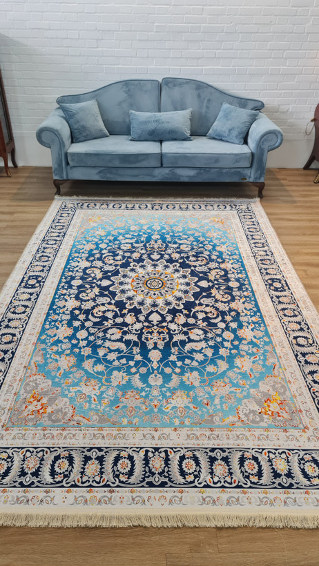 خرید ارزان فرشینه آبی فرشینه آفتاب کدU485مخمل شانل استپدار